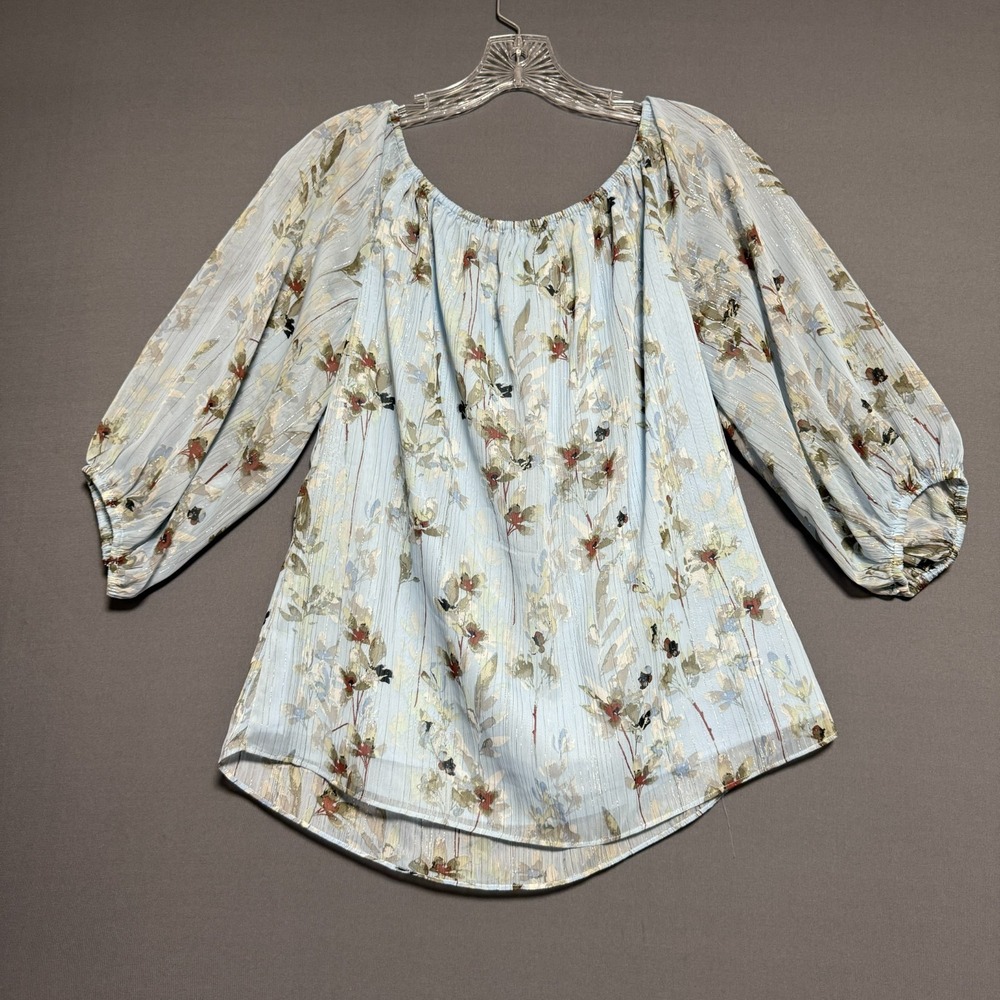 WHBM Cottagecore Off Shoulder Chiffon Floral Blouse M Light Blue Lurex Shimmer - Picture 11 of 11